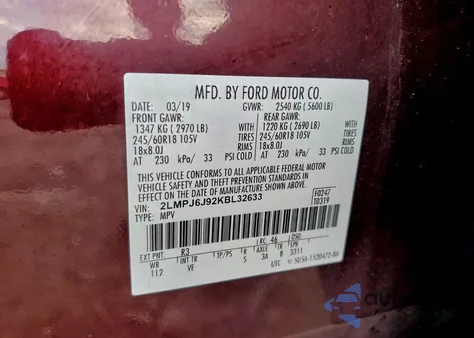 2019 Lincoln Nautilus from USA, damaged, VIN 2LMPJ6J92KBL32633